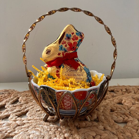 Vintage Whimsical Brass Basket with Handle and China Bowl - Picture 8 of 10